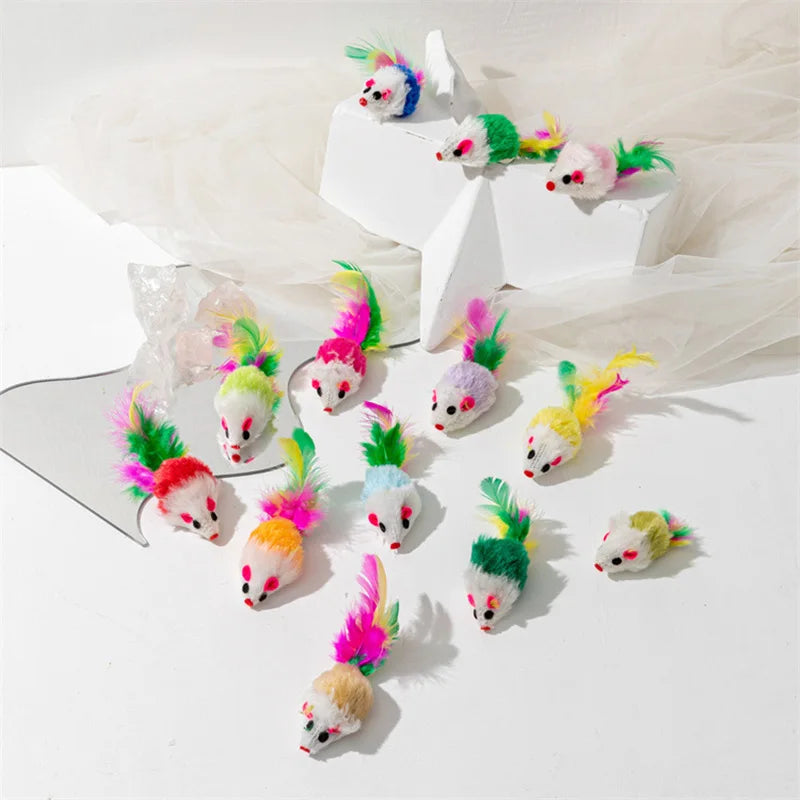 Pet Cat Toys Rabbit Fur False Mouse Feather Rainbow Mouse Toy Funny Playing Toys For Kitten